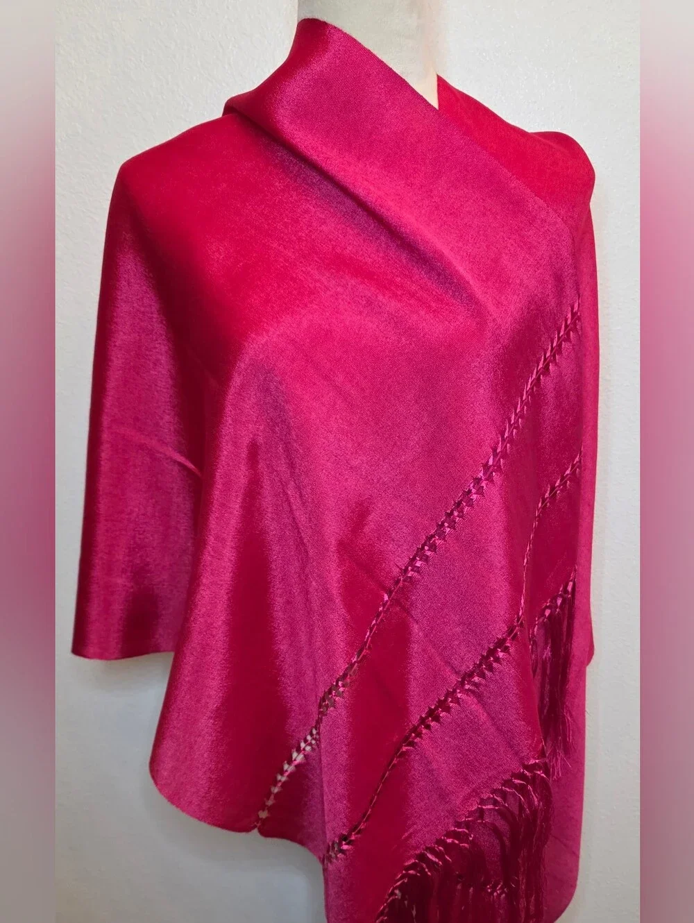 Women's Rebozo Fuschia Shawl  Handmade Mexican Wrap  Scarf  (faux silk)